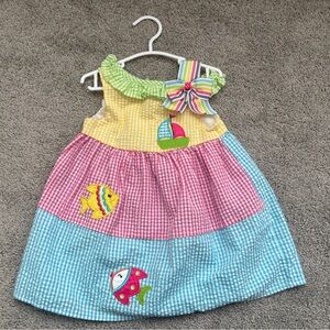 Rare Editions Seersucker Toddler Dress with Sailboat and Fish Size 12-18 months